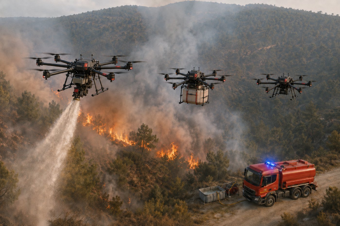Trois hexacoptères largueurs d'eau en relais au-dessus d'un feu de forêt, camion-citerne pompier au sol